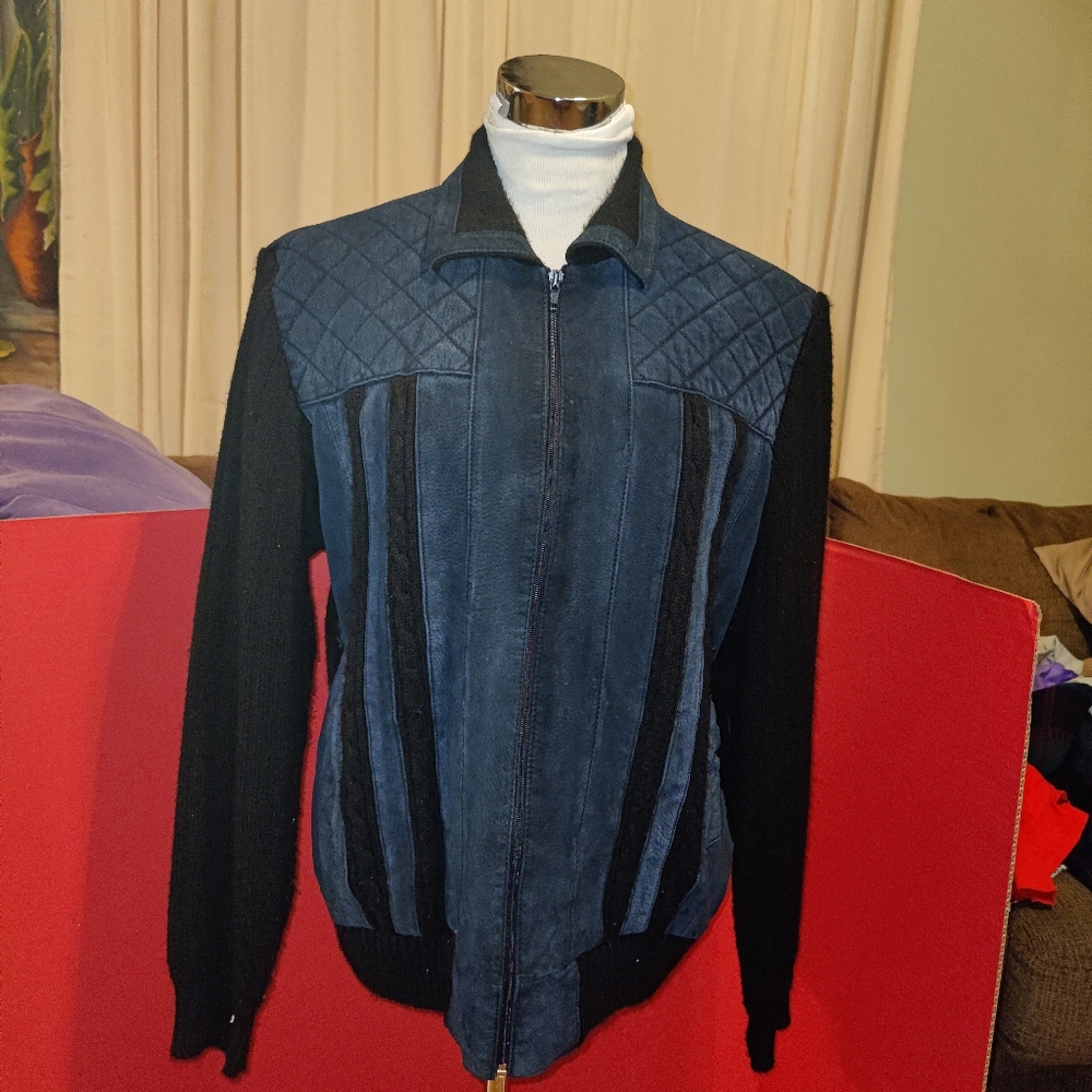 1970 Men's suede leather jacket black blue trim. Sweater jacket.